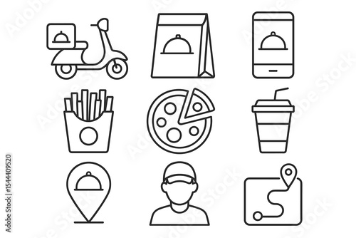 Food delivery icons set: scooter, packaging, smartphone, food, map, person
