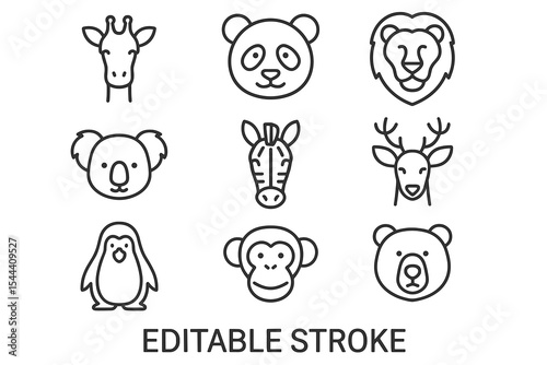 Outline icons of various animals including giraffe, panda, lion, koala, zebra, deer, penguin, monkey, and bear