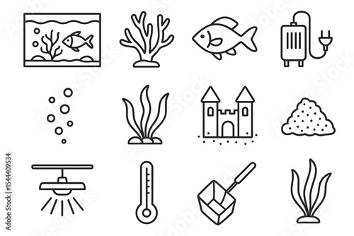 Aquarium icons: fish, plants, equipment, and castle outline illustrations