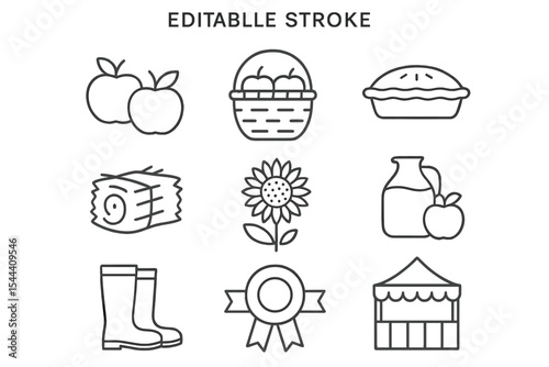 Outline icons of apples, basket, pie, milk, boots, log, sunflower, ribbon, tent