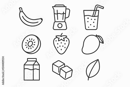 Smoothie ingredients icons: fruits blender juice pack leaf ice