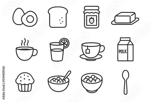Breakfast icons set: eggs, toast, jam, butter, drinks, muffin, cereal, milk, spoon