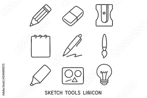 Outlined sketch tools: pencil, eraser, sharpener, notepad, pen, brush, marker, palette, bulb