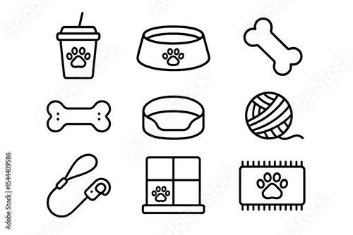Set of pet accessories including bowls, bones, leash, bed, and toy icons
