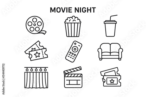 Movie night icons: popcorn, tickets, remote, couch, clapperboard, drink