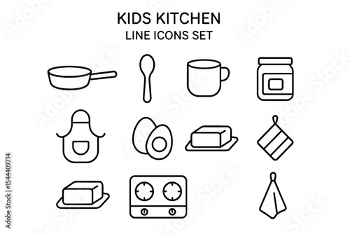 Kids kitchen line icons set with cooking utensils and ingredients