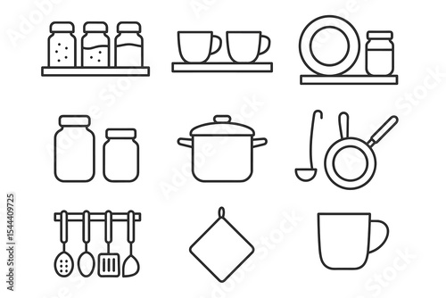 Kitchen utensils and containers outline icons set