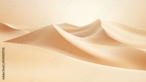 A soft focus image of undulating sand dunes in a desert landscape under a bright and hazy sky