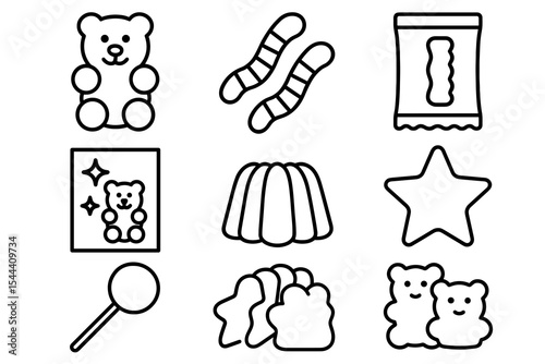 Black and white candy and snack icons featuring bears, lollipops, gummies, and more