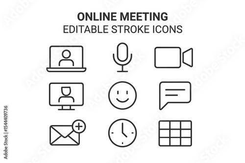 Online meeting icons: editable stroke style for communication and scheduling
