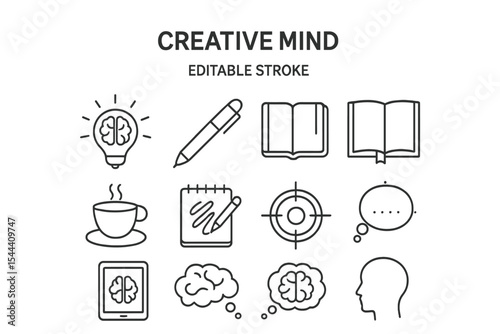 Creative mind icons set featuring brain, light bulb, book, coffee, pen, thought bubble, notebook