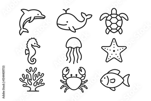 Set of marine animal line icons including whale, dolphin, turtle, and more