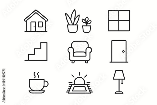 Simple outline icons of home and interiors: house, plants, armchair, and more