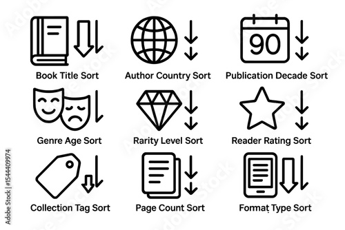 Library catalog sorting icons: book, author, publication, genre, rarity, reader, collection, page, format