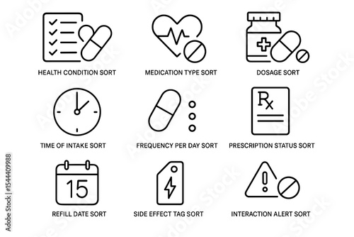 Medical sorting icons: health, medication, dosage, prescription management