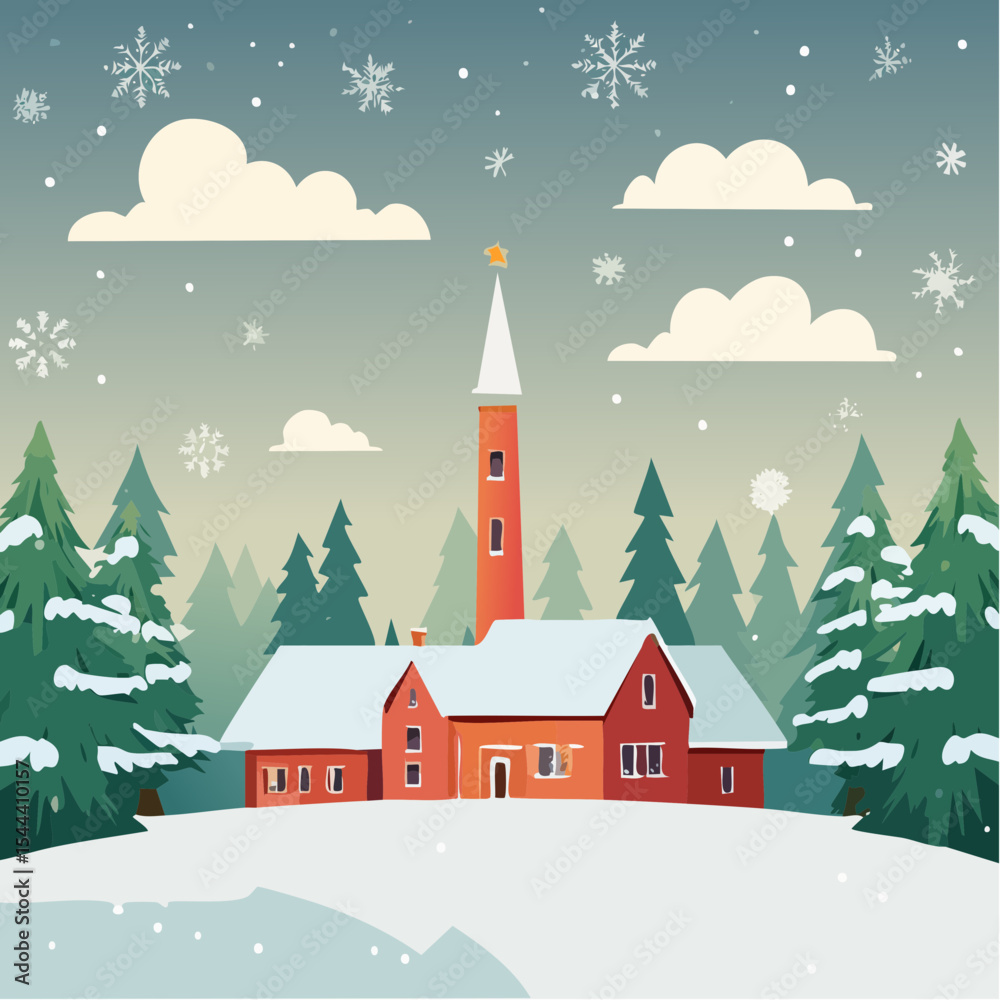 Fototapeta premium christmas serene winter landscape scenery with snowflake and red building