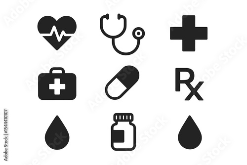 Healthcare icons set: heartbeat, stethoscope, first aid, medicine, prescription