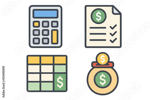 Financial icons: calculator, invoice, spreadsheet, savings coin design collection