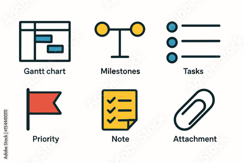 Project management icons: gantt chart, milestones, tasks, priority, note, attachment