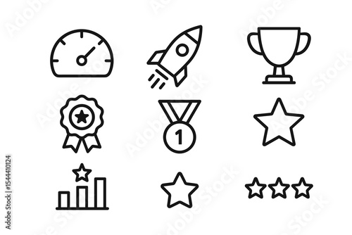 Achievement icons: trophy, medal, star, rocket, and performance symbols
