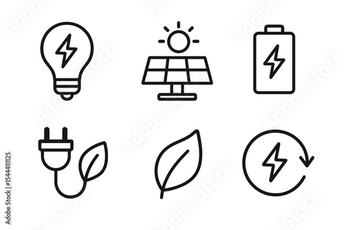 Eco-friendly icons: solar panel, light bulb, battery, plug, leaf, energy