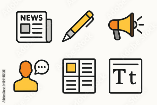 News and communication icons set with newspaper, pen, megaphone, and chat symbols