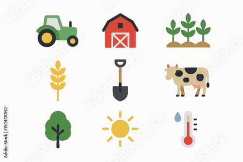 Farming icons set with tractor, barn, crops, and weather elements