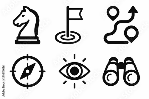 Strategic symbols: chess knight, flag, route, compass, eye, binoculars icons