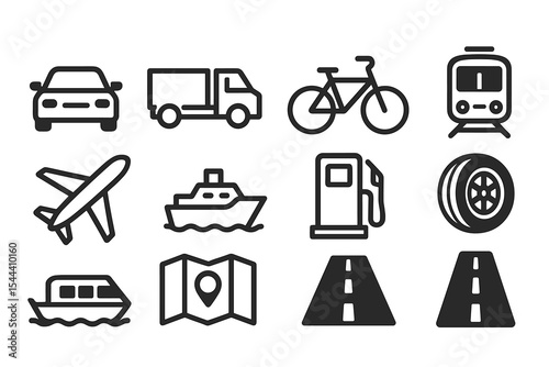 Transportation icons: car, truck, bicycle, train, airplane, ship, fuel pump, map, road