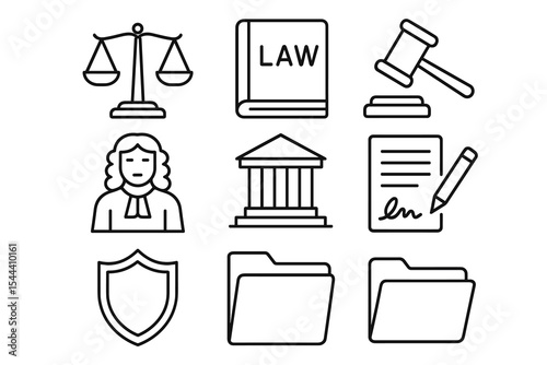 Set of legal icons: scale, law book, gavel, judge, courthouse, document, shield, folders