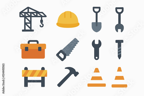 Collection of construction tools and safety equipment icons