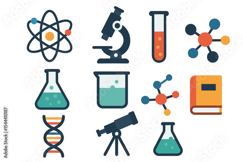 Science icons: microscope, dna, molecules, telescope, chemistry, physics, education