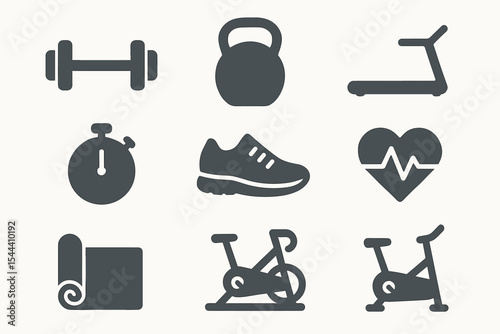 Set of fitness icons including dumbbell, kettlebell, treadmill, stopwatch, shoe, heartbeat, yoga mat, exercise bike