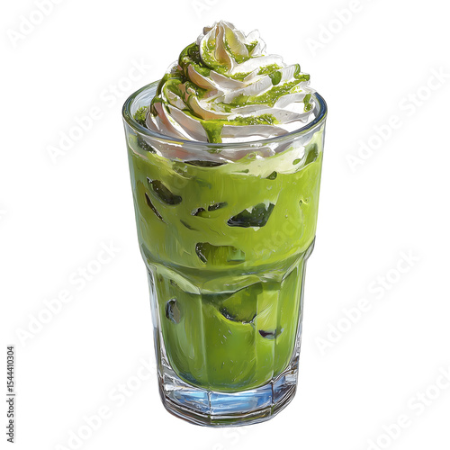 Iced green tea Matcha Latte with milk whipped cream and ice cubes in glass cup. isolated on transparent background with clipping path.