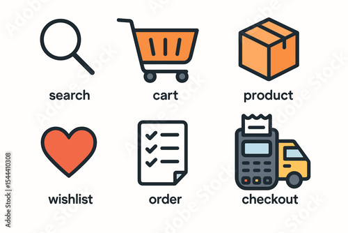 E-commerce icons: search, cart, product, wishlist, order, checkout