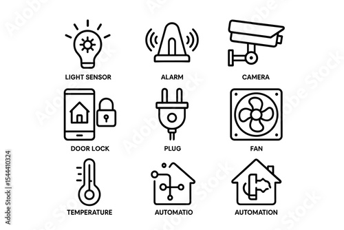Smart home technology icons: light sensor, alarm, camera, door lock, plug, fan