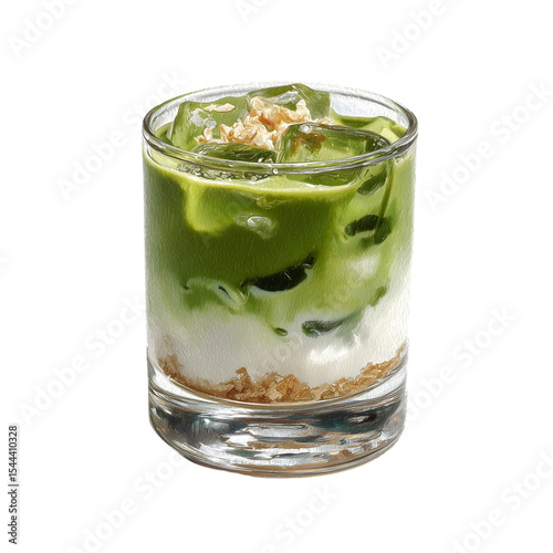 Iced green tea Matcha Latte with milk and coconut slices in glass cup. isolated on transparent background with clipping path.