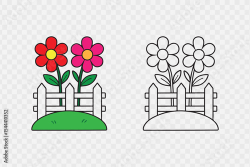 vector illustration of a house  garden  flower s with outline design  on transparent  background  