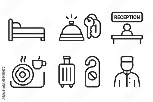 Hotel service icons: bed, bell, reception, breakfast, luggage, do not disturb