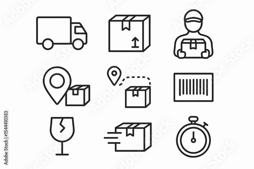Delivery process icons: packages, location, tracking, shipping, and time elements