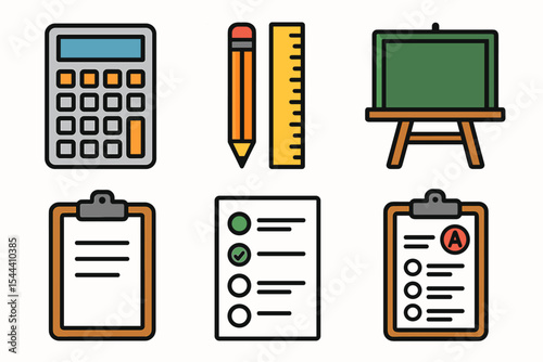 Colorful school supplies set: calculator, pencil, ruler, chalkboard, clipboards, and checklist icons