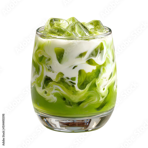 Iced Matcha Latte with milk and ice cubes in glass cup. isolated on transparent background with clipping path.