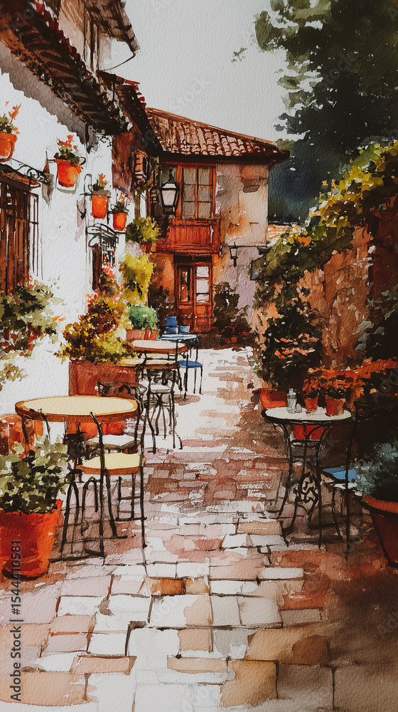 Fototapeta premium Cozy european Spain cafe outdoor, watercolor 