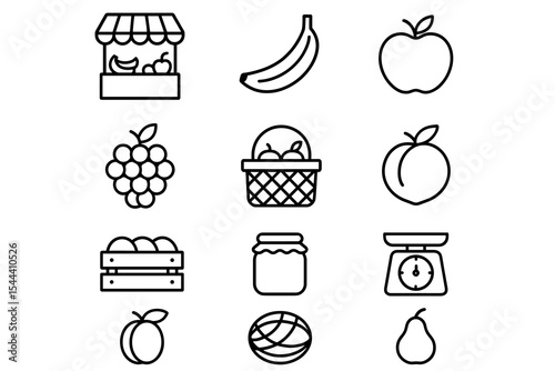 Black and white fruit icons featuring storefront, basket, and scale