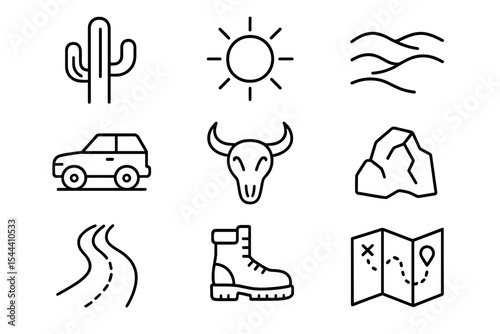 Desert adventure symbols: cactus, sun, waves, road, vehicle, map icons