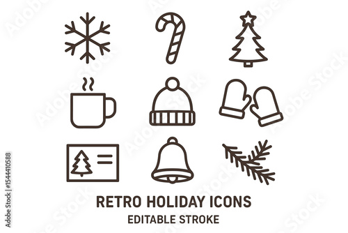 Retro holiday icons set: snowflake, candy cane, christmas tree, cup, hat, mittens, card, bell, pine branch