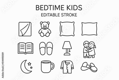 Children's bedtime icons: teddy bear, pillow, lamp, moon, pajamas, slippers, hugging kids