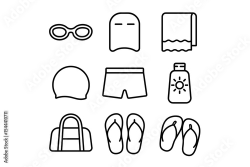 Minimalist icons of swimming gear and accessories