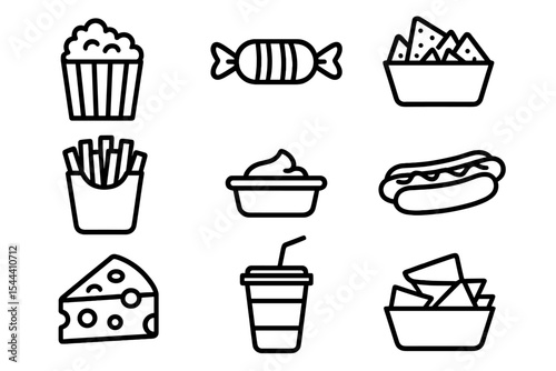 Icon set of popular snacks: popcorn, candy, nachos, fries, hotdog, cheese, soda