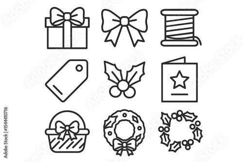 Holiday icon set featuring bows, gifts, holly, and wreaths